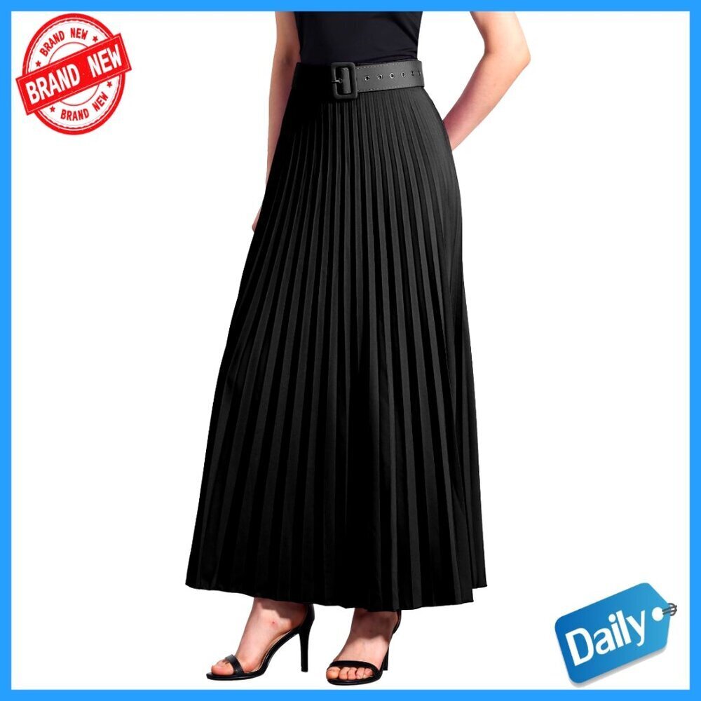 Long Pleated Maxi Skirt Elastic High Waist with Belt A-Line Work